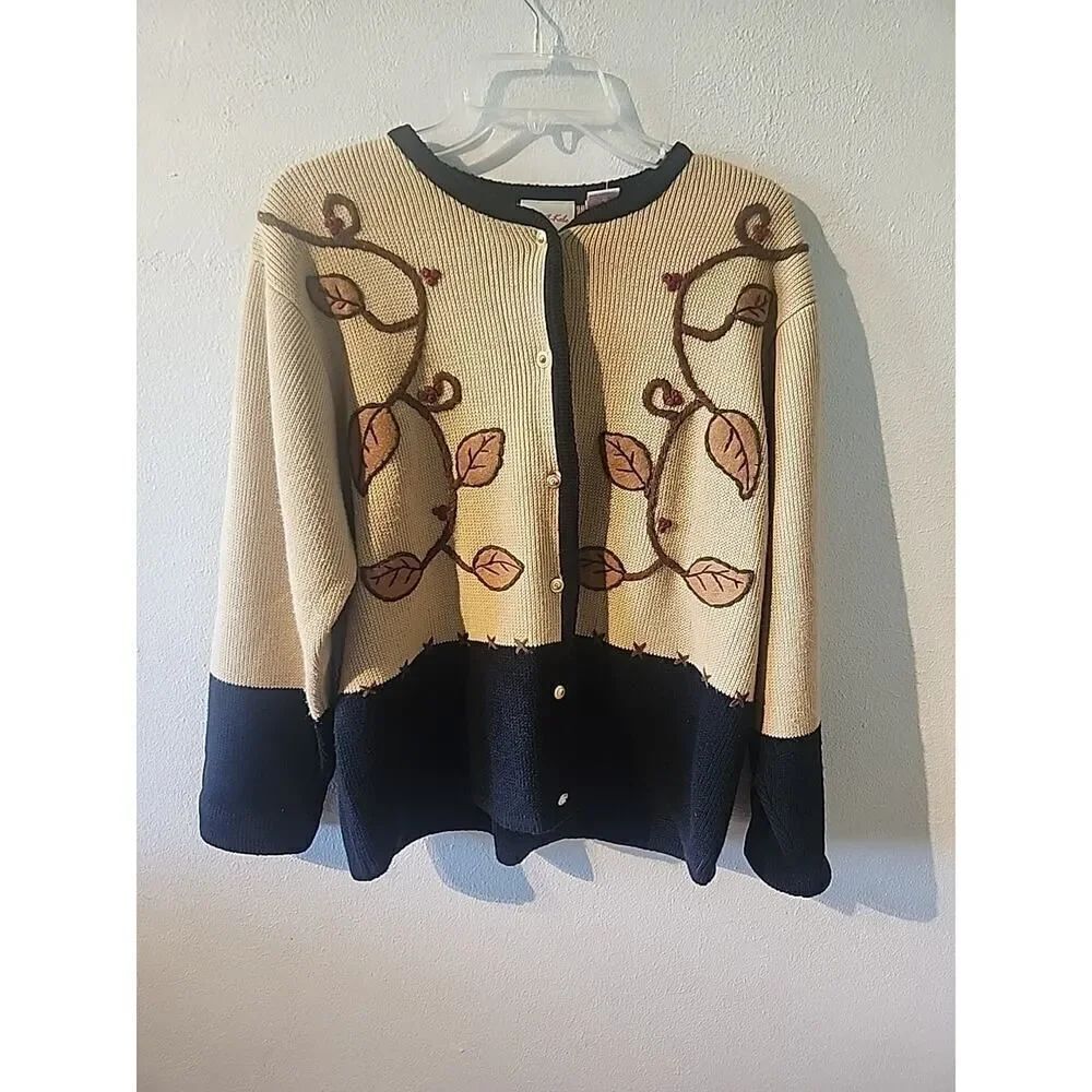 Crystal Kobe Fall Autumn Brown Sweater Cardigan Large Embroidered Leafs Floral